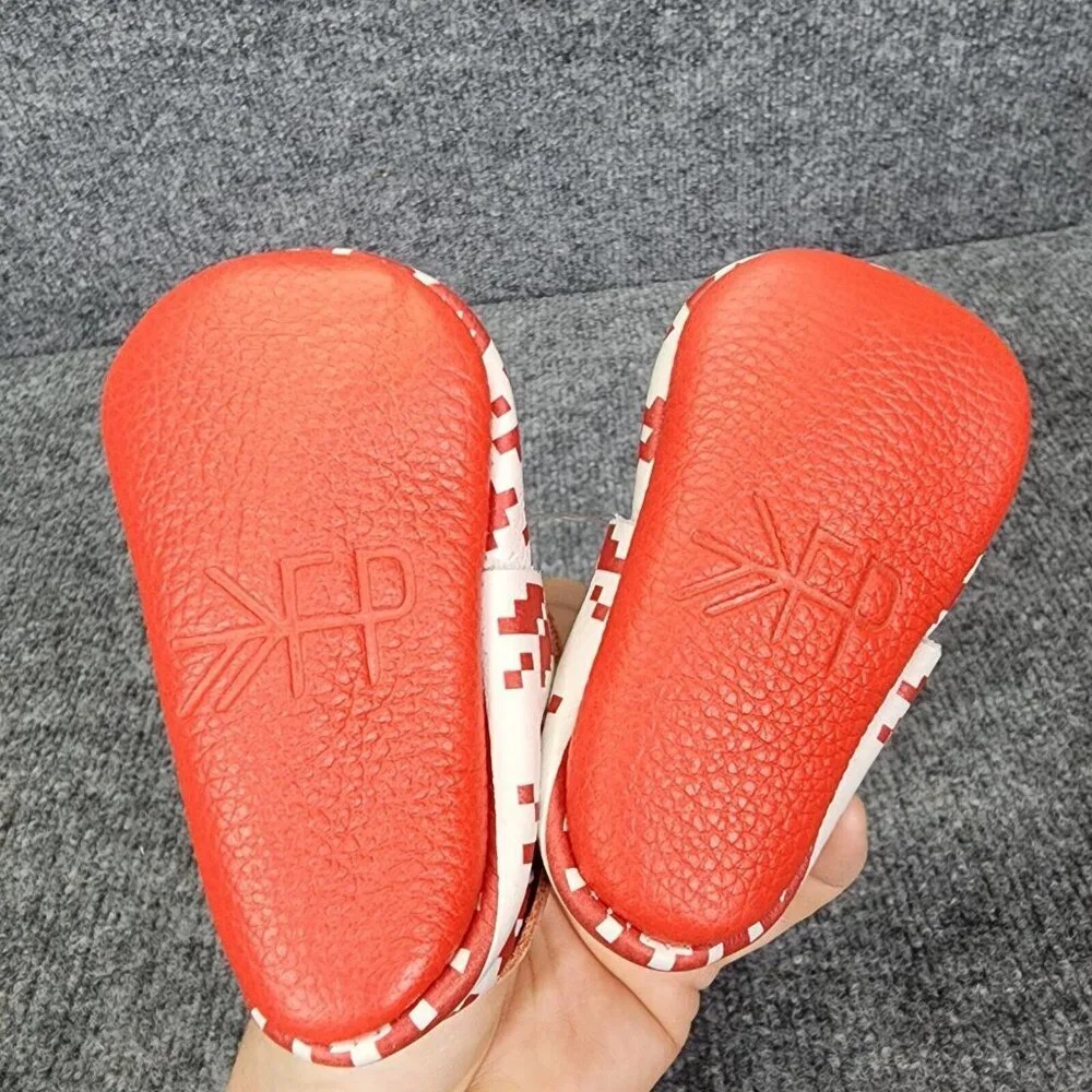 Freshly Picked Baby City Moccasins size 1 Red and white Fringe Leather Christmas